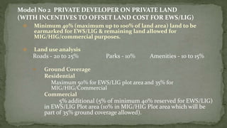  Minimum 40% (maximum up to 100% of land area) land to be
earmarked for EWS/LIG & remaining land allowed for
MIG/HIG/commercial purposes.
 Land use analysis
Roads - 20 to 25% Parks - 10% Amenities - 10 to 15%
 Ground Coverage
Residential
Maximum 50% for EWS/LIG plot area and 35% for
MIG/HIG/Commercial
Commercial
5% additional (5% of minimum 40% reserved for EWS/LIG)
in EWS/LIG Plot area (10% in MIG/HIG Plot area which will be
part of 35% ground coverage allowed).
Model No 2 PRIVATE DEVELOPER ON PRIVATE LAND
(WITH INCENTIVES TO OFFSET LAND COST FOR EWS/LIG)
 