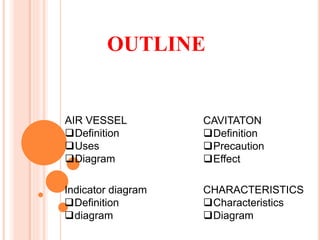 OUTLINE
AIR VESSEL
Definition
Uses
Diagram
Indicator diagram
Definition
diagram
CAVITATON
Definition
Precaution
Effect
CHARACTERISTICS
Characteristics
Diagram
 