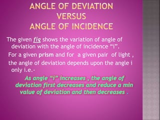 The given fig shows the variation of angle of
deviation with the angle of incidence “i”.
For a given prism and for a given pair of light ,
the angle of deviation depends upon the angle i
only i.e.-
.
 