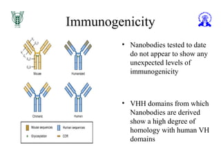 Immunogenicity
• Nanobodies tested to date
do not appear to show any
unexpected levels of
immunogenicity
• VHH domains from which
Nanobodies are derived
show a high degree of
homology with human VH
domains
 