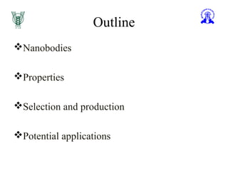 Outline
Nanobodies
Properties
Selection and production
Potential applications
 