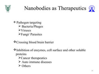 Nanobodies as Therapeutics
24
 Pathogen targeting
 Bacteria/Phages
Viruses
Fungi/ Parasites
Crossing blood brain barrier
Inhibition of enzymes, cell surface and other soluble
proteins
Cancer therapeutics
 Auto immune diseases
 Others
 