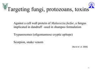 Targeting fungi, protozoans, toxins
26
Against a cell wall protein of Malassezia furfur, a fungus
implicated in dandruff –used in shampoo formulation
Trypanosomes (oligomannose cryptic epitope)
Scorpion, snake venom
(Baral et al. 2006)
 