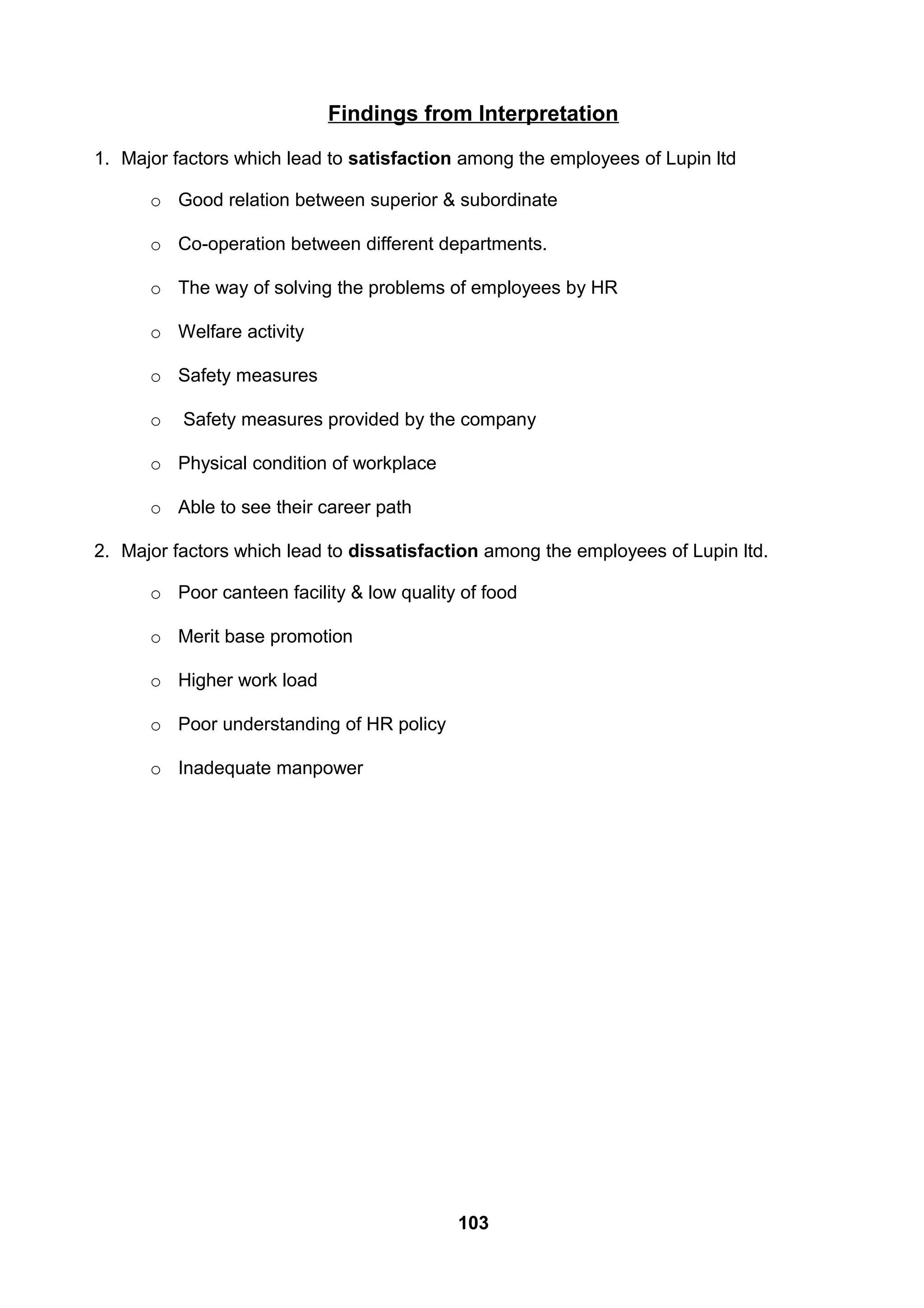 Findings from Interpretation
1. Major factors which lead to satisfaction among the employees of Lupin ltd
o Good relation between superior & subordinate
o Co-operation between different departments.
o The way of solving the problems of employees by HR
o Welfare activity
o Safety measures
o Safety measures provided by the company
o Physical condition of workplace
o Able to see their career path
2. Major factors which lead to dissatisfaction among the employees of Lupin ltd.
o Poor canteen facility & low quality of food
o Merit base promotion
o Higher work load
o Poor understanding of HR policy
o Inadequate manpower
103
 