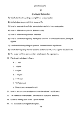 Questionnaire
On
Employee Satisfaction
1) Satisfaction level regarding working life’s in an organization.
2) Ability to balance work with their personal life.
3) Level of understanding of role, responsibility & authority in an organization.
4) Level of understanding the HR & welfare policy.
5) Level of understanding of vision statement.
6) Level of Satisfaction regarding the Physical condition of workplace like space, storage &
hygiene.
7) Satisfaction level regarding co-operation between different departments.
8) Satisfaction regarding the inter-personal relationship with peers, superior & subordinate.
9) The career path that respondent are able to see in the organization.
10) Plan to work with Lupin in future.
a. <1 year
b. 1-3 year.
c. 4-6 year
d. 7-10 year
e. >=11 year
f. Till Retirement
g. Depend upon personnel growth
11) Level of which company makes good use of employee’s skill & talent.
12) The freedom to try employee’s own method to do a job in better way.
13) Quality of training given by the Lupin to trainee.
14) The chances to learning something new.
108
 