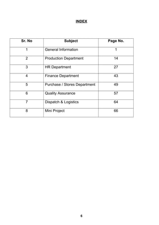 INDEX
Sr. No Subject Page No.
1 General Information 1
2 Production Department 14
3 HR Department 27
4 Finance Department 43
5 Purchase / Stores Department 49
6 Quality Assurance 57
7 Dispatch & Logistics 64
8 Mini Project 66
6
 
