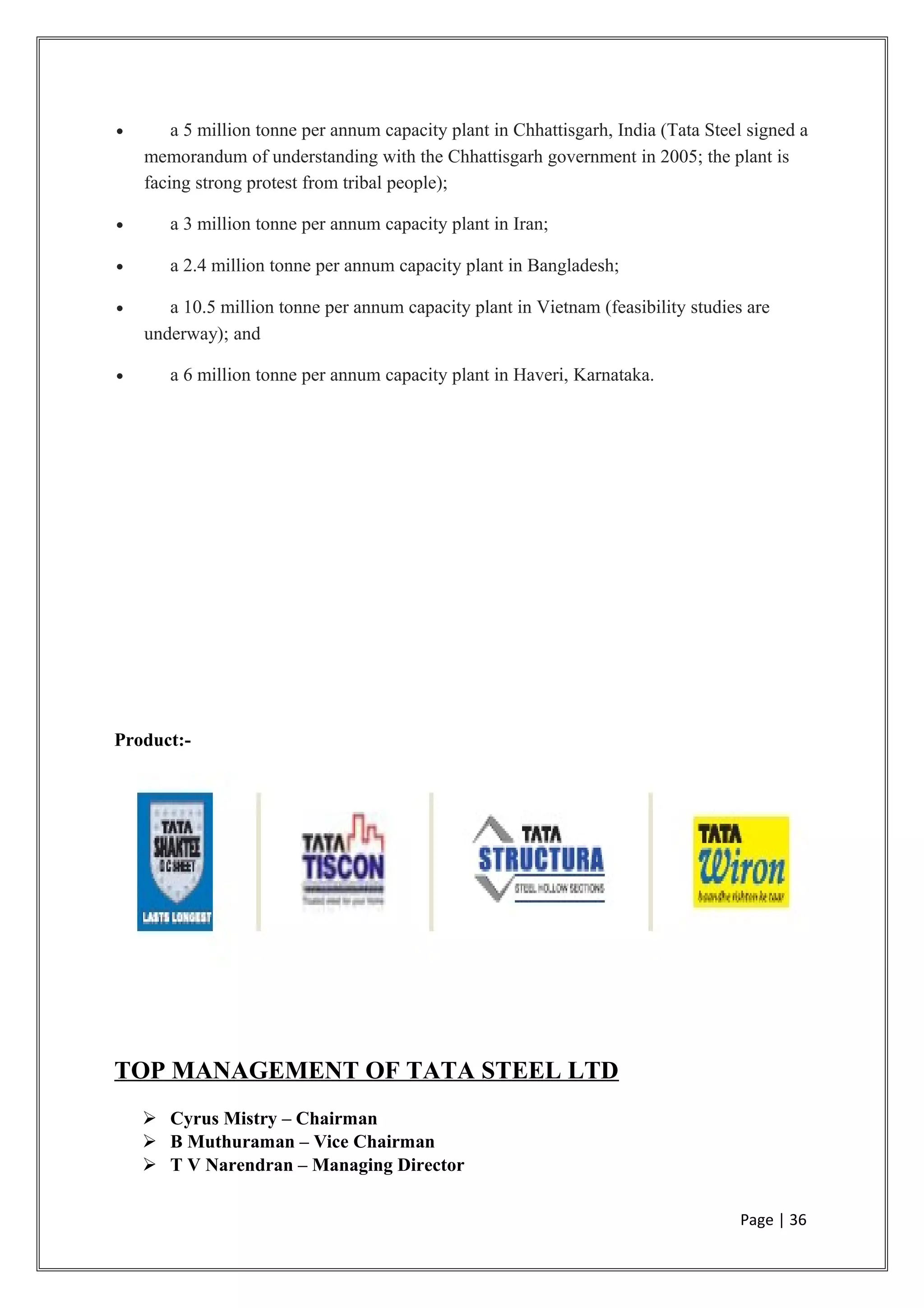 • a 5 million tonne per annum capacity plant in Chhattisgarh, India (Tata Steel signed a
memorandum of understanding with the Chhattisgarh government in 2005; the plant is
facing strong protest from tribal people);
• a 3 million tonne per annum capacity plant in Iran;
• a 2.4 million tonne per annum capacity plant in Bangladesh;
• a 10.5 million tonne per annum capacity plant in Vietnam (feasibility studies are
underway); and
• a 6 million tonne per annum capacity plant in Haveri, Karnataka.
Product:-
TOP MANAGEMENT OF TATA STEEL LTD
 Cyrus Mistry – Chairman
 B Muthuraman – Vice Chairman
 T V Narendran – Managing Director
Page | 36
 