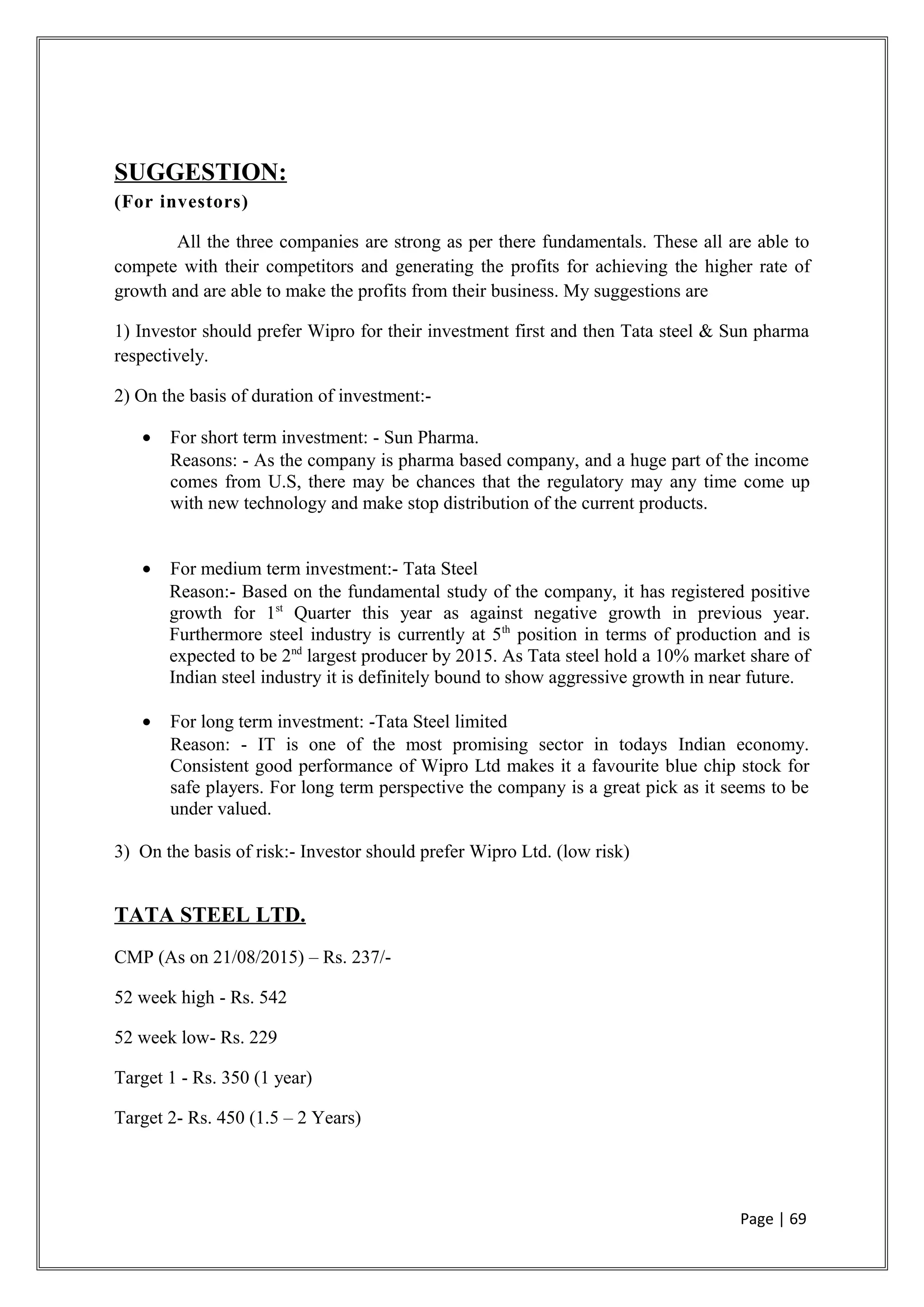 SUGGESTION:
(For investors)
All the three companies are strong as per there fundamentals. These all are able to
compete with their competitors and generating the profits for achieving the higher rate of
growth and are able to make the profits from their business. My suggestions are
1) Investor should prefer Wipro for their investment first and then Tata steel & Sun pharma
respectively.
2) On the basis of duration of investment:-
• For short term investment: - Sun Pharma.
Reasons: - As the company is pharma based company, and a huge part of the income
comes from U.S, there may be chances that the regulatory may any time come up
with new technology and make stop distribution of the current products.
• For medium term investment:- Tata Steel
Reason:- Based on the fundamental study of the company, it has registered positive
growth for 1st
Quarter this year as against negative growth in previous year.
Furthermore steel industry is currently at 5th
position in terms of production and is
expected to be 2nd
largest producer by 2015. As Tata steel hold a 10% market share of
Indian steel industry it is definitely bound to show aggressive growth in near future.
• For long term investment: -Tata Steel limited
Reason: - IT is one of the most promising sector in todays Indian economy.
Consistent good performance of Wipro Ltd makes it a favourite blue chip stock for
safe players. For long term perspective the company is a great pick as it seems to be
under valued.
3) On the basis of risk:- Investor should prefer Wipro Ltd. (low risk)
TATA STEEL LTD.
CMP (As on 21/08/2015) – Rs. 237/-
52 week high - Rs. 542
52 week low- Rs. 229
Target 1 - Rs. 350 (1 year)
Target 2- Rs. 450 (1.5 – 2 Years)
Page | 69
 