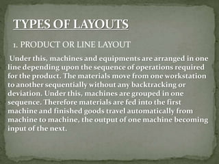 1. PRODUCT OR LINE LAYOUT
Under this, machines and equipments are arranged in one
line depending upon the sequence of operations required
for the product. The materials move from one workstation
to another sequentially without any backtracking or
deviation. Under this, machines are grouped in one
sequence. Therefore materials are fed into the first
machine and finished goods travel automatically from
machine to machine, the output of one machine becoming
input of the next.
 