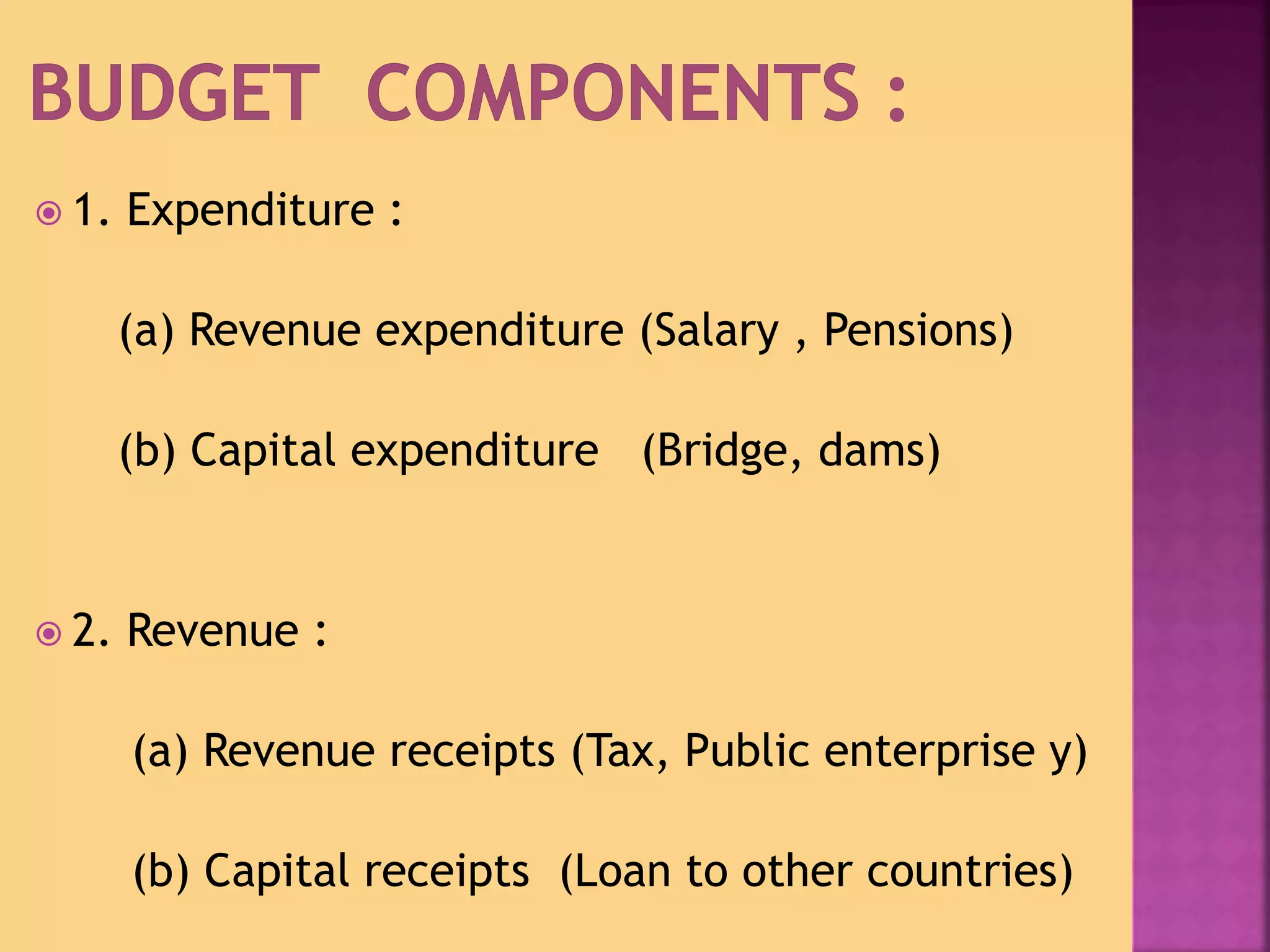  1. Expenditure : 
(a) Revenue expenditure (Salary , Pensions) 
(b) Capital expenditure (Bridge, dams) 
 2. Revenue : 
(a) Revenue receipts (Tax, Public enterprise y) 
(b) Capital receipts (Loan to other countries) 
 