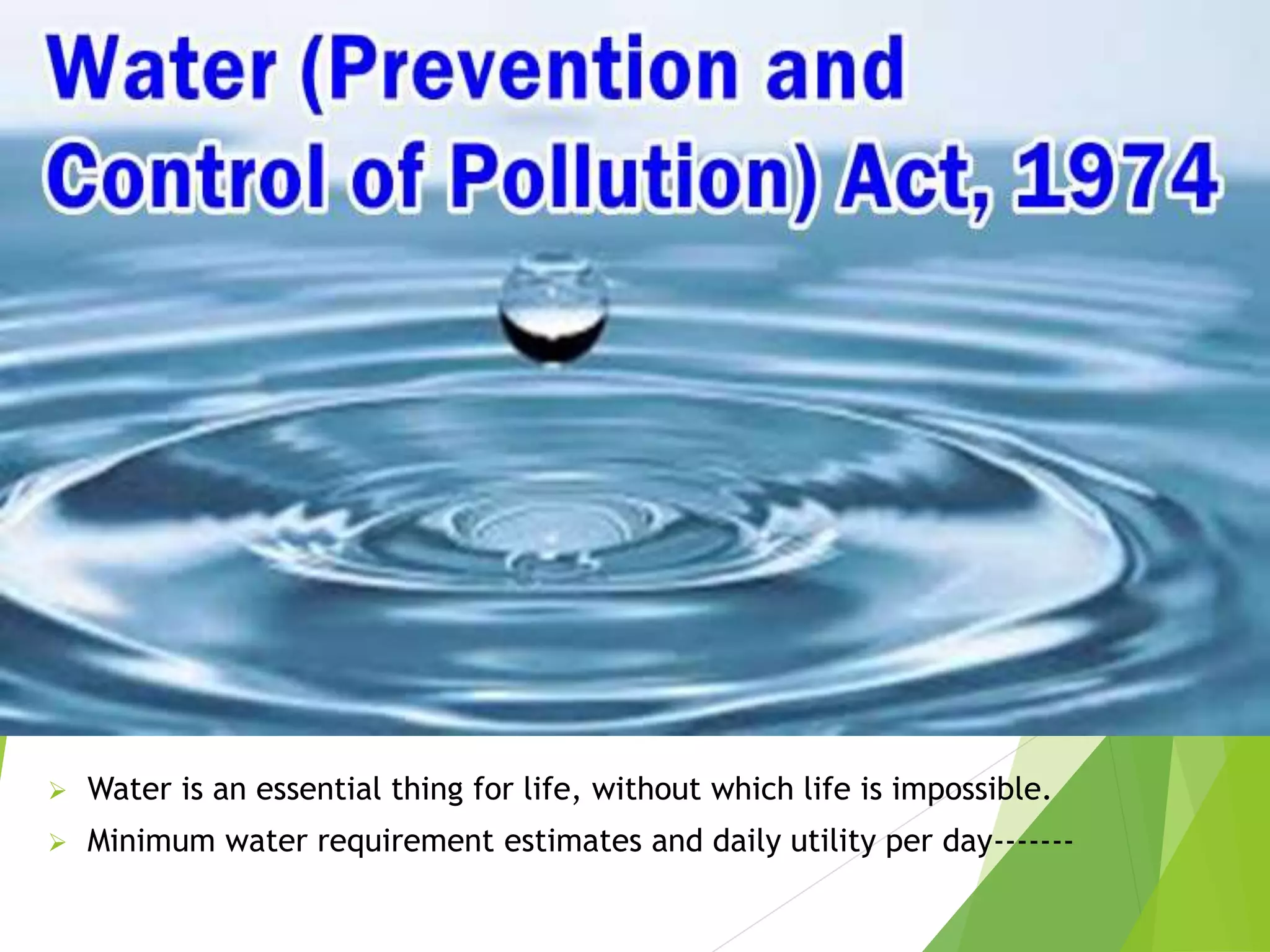  Water is an essential thing for life, without which life is impossible.
 Minimum water requirement estimates and daily utility per day-------
 