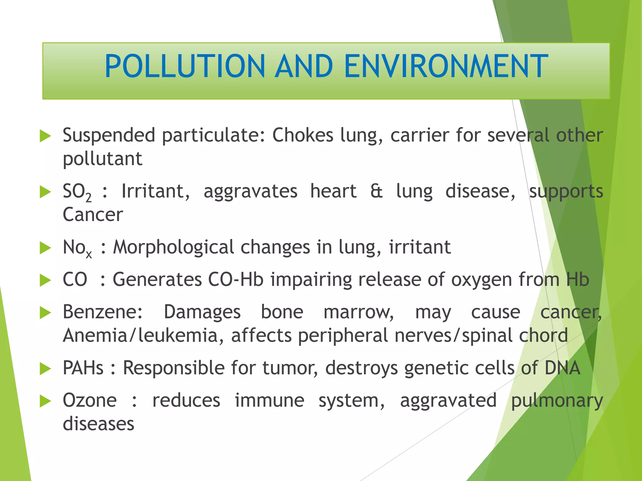 POLLUTION AND ENVIRONMENT
 Suspended particulate: Chokes lung, carrier for several other
pollutant
 SO2 : Irritant, aggravates heart & lung disease, supports
Cancer
 Nox : Morphological changes in lung, irritant
 CO : Generates CO-Hb impairing release of oxygen from Hb
 Benzene: Damages bone marrow, may cause cancer,
Anemia/leukemia, affects peripheral nerves/spinal chord
 PAHs : Responsible for tumor, destroys genetic cells of DNA
 Ozone : reduces immune system, aggravated pulmonary
diseases
 