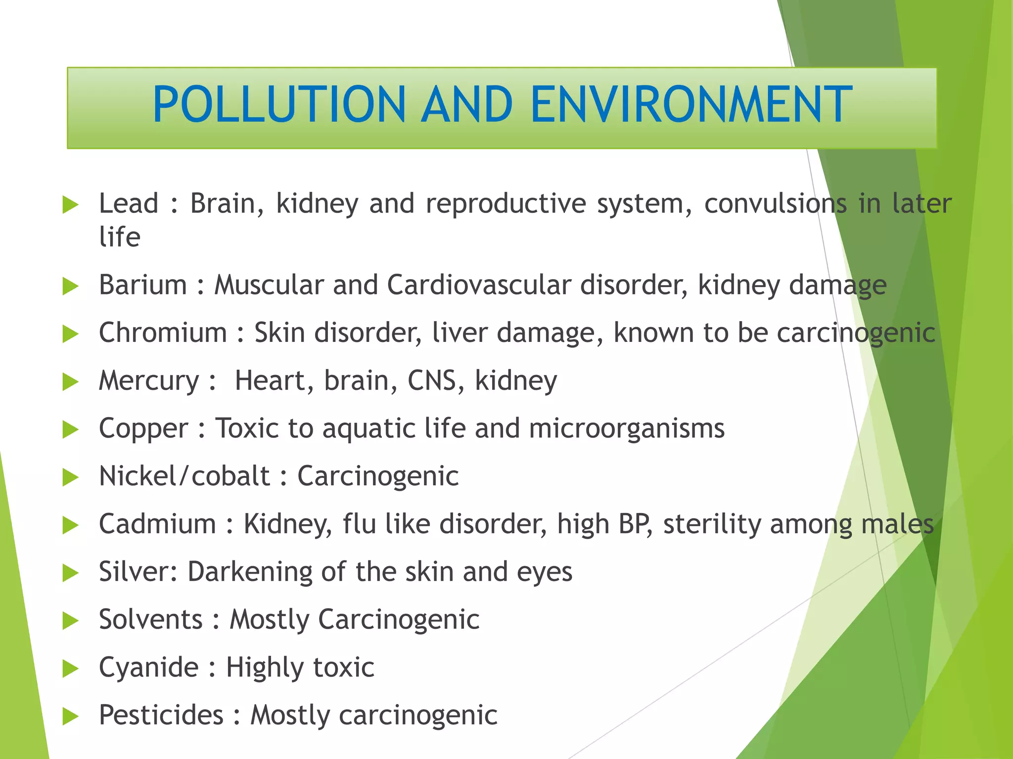 POLLUTION AND ENVIRONMENT
 Lead : Brain, kidney and reproductive system, convulsions in later
life
 Barium : Muscular and Cardiovascular disorder, kidney damage
 Chromium : Skin disorder, liver damage, known to be carcinogenic
 Mercury : Heart, brain, CNS, kidney
 Copper : Toxic to aquatic life and microorganisms
 Nickel/cobalt : Carcinogenic
 Cadmium : Kidney, flu like disorder, high BP, sterility among males
 Silver: Darkening of the skin and eyes
 Solvents : Mostly Carcinogenic
 Cyanide : Highly toxic
 Pesticides : Mostly carcinogenic
 