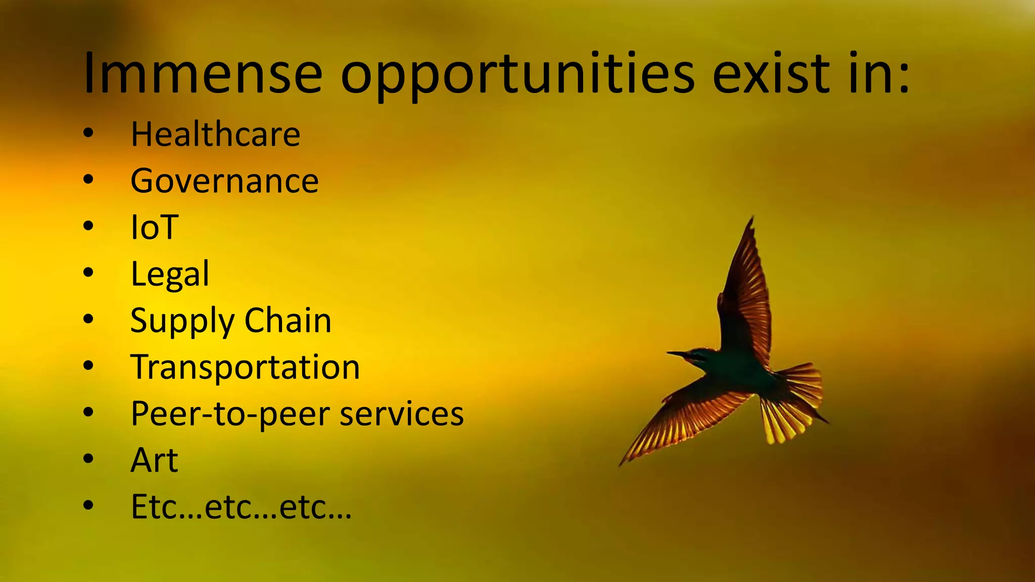 Immense opportunities exist in:
• Healthcare
• Governance
• IoT
• Legal
• Supply Chain
• Transportation
• Peer-to-peer services
• Art
• Etc…etc…etc…
 