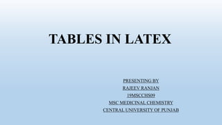 TABLES IN LATEX
PRESENTING BY
RAJEEV RANJAN
19MSCCHS09
MSC MEDICINAL CHEMISTRY
CENTRAL UNIVERSITY OF PUNJAB
 