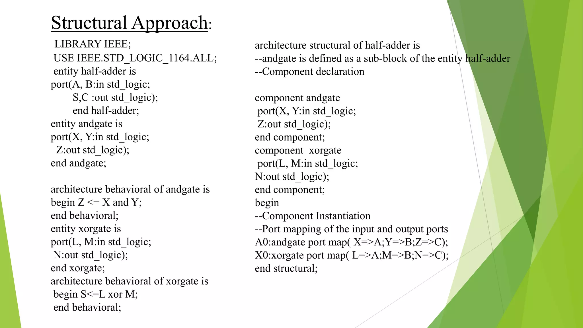Structural Approach:
LIBRARY IEEE;
USE IEEE.STD_LOGIC_1164.ALL;
entity half-adder is
port(A, B:in std_logic;
S,C :out std_logic);
end half-adder;
entity andgate is
port(X, Y:in std_logic;
Z:out std_logic);
end andgate;
architecture behavioral of andgate is
begin Z <= X and Y;
end behavioral;
entity xorgate is
port(L, M:in std_logic;
N:out std_logic);
end xorgate;
architecture behavioral of xorgate is
begin S<=L xor M;
end behavioral;
architecture structural of half-adder is
--andgate is defined as a sub-block of the entity half-adder
--Component declaration
component andgate
port(X, Y:in std_logic;
Z:out std_logic);
end component;
component xorgate
port(L, M:in std_logic;
N:out std_logic);
end component;
begin
--Component Instantiation
--Port mapping of the input and output ports
A0:andgate port map( X=>A;Y=>B;Z=>C);
X0:xorgate port map( L=>A;M=>B;N=>C);
end structural;
 