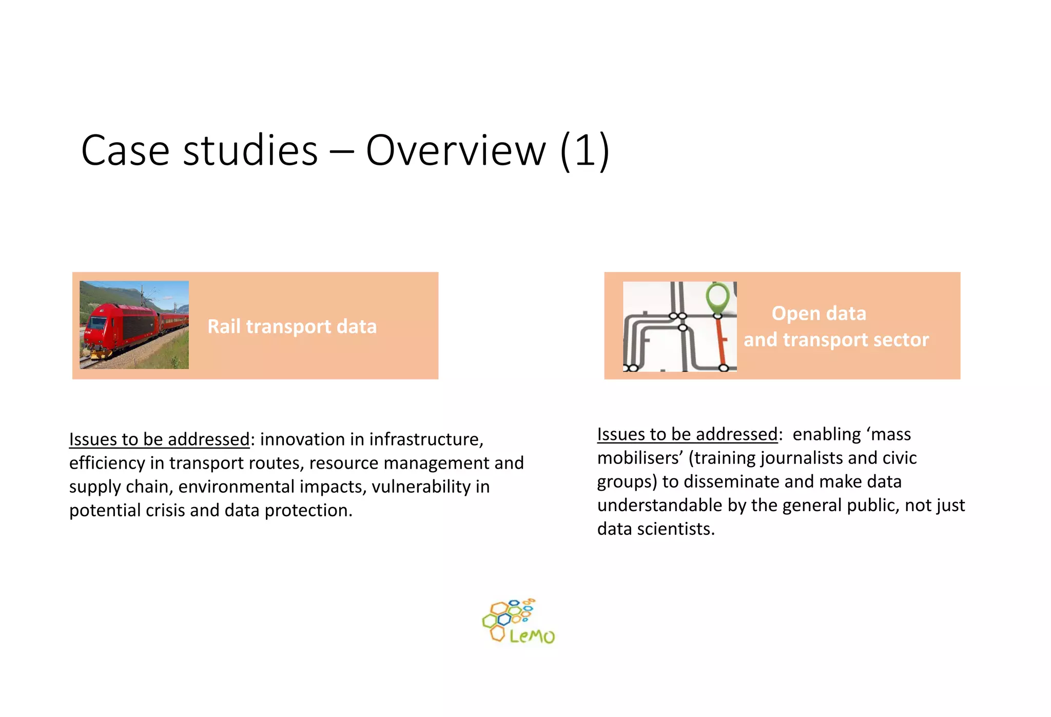 Case studies – Overview (1)
Issues to be addressed: innovation in infrastructure, 
efficiency in transport routes, resource management and
supply chain, environmental impacts, vulnerability in 
potential crisis and data protection.
Issues to be addressed:  enabling ‘mass 
mobilisers’ (training journalists and civic 
groups) to disseminate and make data 
understandable by the general public, not just 
data scientists.
Rail transport data
Open data 
and transport sector 
 