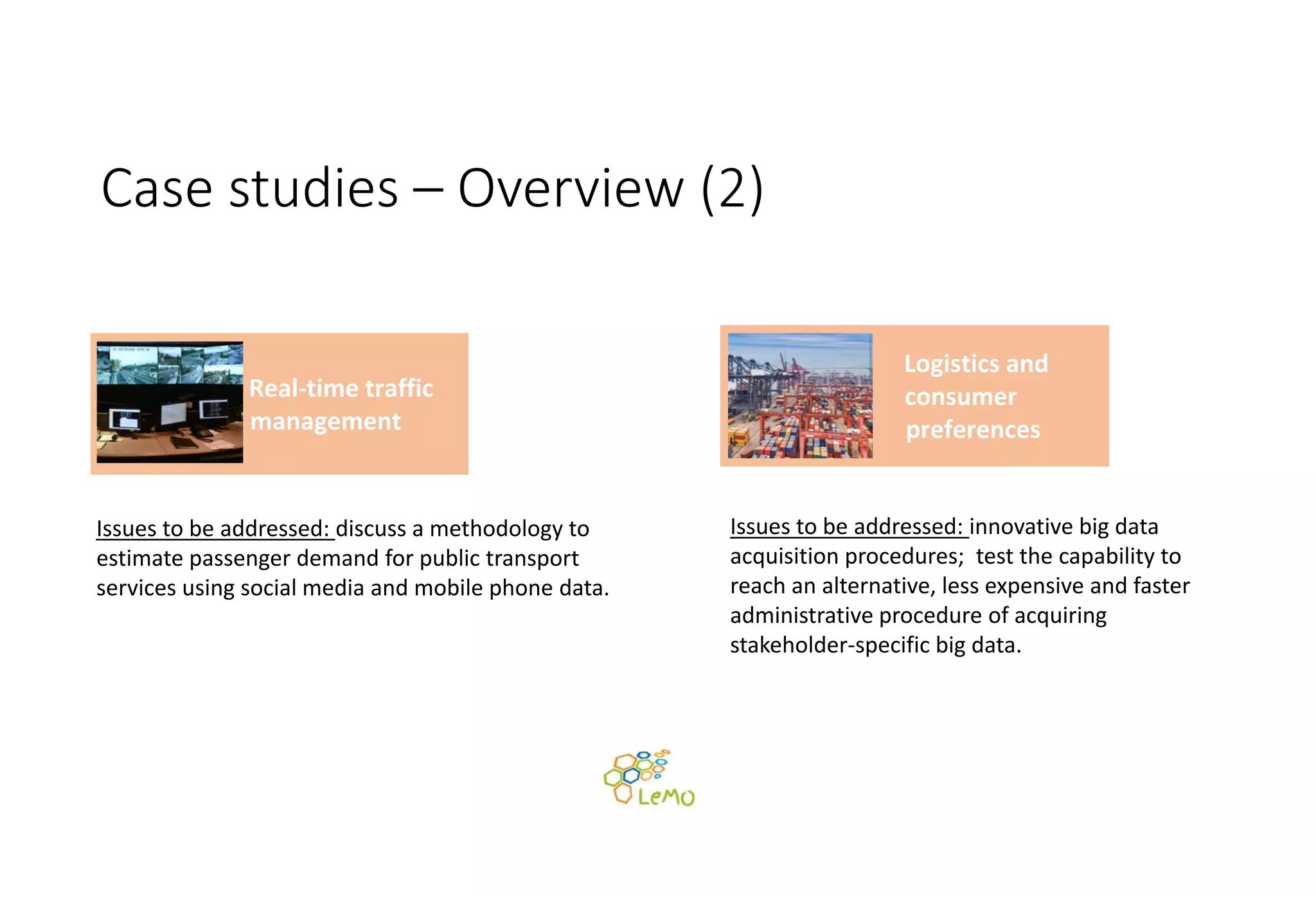 Case studies – Overview (2)
Issues to be addressed: discuss a methodology to 
estimate passenger demand for public transport 
services using social media and mobile phone data. 
Issues to be addressed: innovative big data 
acquisition procedures;  test the capability to 
reach an alternative, less expensive and faster 
administrative procedure of acquiring 
stakeholder‐specific big data. 
Real‐time traffic 
management
Logistics and 
consumer 
preferences
 