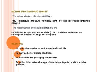 FACTORS EFFECTING DRUG STABILITY
The primary factors effecting stability :
PH , Temperature , Moisture , humidity , light , Storage closure and containers
, Oxygen
The major factors effecting drug stability are :
Particle size (suspension and emulsion) , PH , additives and molecular
binding and diffusion of drugs and excipients .
OBJECTIVES
1. To determine maximum expiration date/ shelf life.
2. To provide better storage condition.
3. To determine the packaging components.
4. To gather information during preformulation stage to produce a stable
product.
23
 
