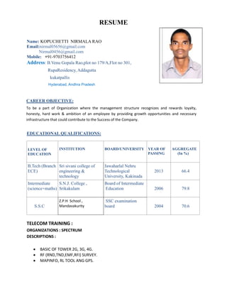 RESUME
Name: KOPUCHETTI NIRMALA RAO
Email:nirmal05656@gmail.com
Nirmal0456@gmail.com
Mobile: +91-9703756412
Address: B.Venu Gopala Rao,plot no 179/A,Flot no 301,
RupaResidency, Addagutta
kukatpallis
Hyderabad, Andhra Pradesh
EDUCATIONAL QUALIFICATIONS:
LEVEL OF
EDUCATION
INSTITUTION BOARD/UNIVERSITY YEAR OF
PASSING
AGGREGATE
(In %)
B.Tech (Branch
ECE)
Sri sivani college of
engineering &
technology
Jawaharlal Nehru
Technological
University, Kakinada
2013 66.4
Intermediate
(science+maths)
S.N.J. College ,
Srikakulam
Board of Intermediate
Education 2006 79.8
S.S.C
Z.P.H School ,
Mandavakurity
SSC examination
board 2004 70.6
TELECOM TRAINING :
ORGANIZATIONS : SPECTRUM
DESCRIPTIONS :
BASIC OF TOWER 2G, 3G, 4G.
RF (RND,TND,EMF,RFI) SURVEY.
MAPINFO, RL TOOL ANG GPS.
CAREER OBJECTIVE:
To be a part of Organization where the management structure recognizes and rewards loyalty,
honesty, hard work & ambition of an employee by providing growth opportunities and necessary
infrastructure that could contribute to the Success of the Company.
 