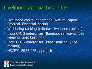 Livelihood approaches in CF: Livelihood capital generation (Natural capital, Physical, Financial, social) Well being ranking (criteria- Livelihood capitals) Intra CFUG enterprises (Bamboo, sal leaves, bee keeping, goat keeping) Inter CFUG enterprises (Paper making, juice making) NSCFP’s FREELIFE approach  