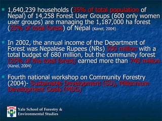 1,640,239 households ( 35% of total population  of Nepal) of 14,258 Forest User Groups (600 only women user groups) are managing the 1,187,000 ha forest ( 25% of total forest ) of Nepal  (Kanel, 2004)   In 2002, the annual income of the Department of Forest was Nepalese Rupees (NRs)  550 million  with a total budget of 680 million, but the community forest  (25% of the total forest)  earned more than  740 million   (Kanel, 2004)  Fourth national workshop on Community Forestry (2004)-  Sustainable Development (SD),   Millennium Development Goals (MDG) 