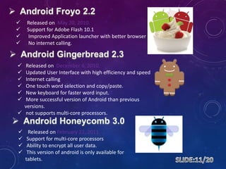  Released on May 20, 2010.
 Support for Adobe Flash 10.1
 Improved Application launcher with better browser
 No internet calling.
 Released on December 6, 2010.
 Updated User Interface with high efficiency and speed
 Internet calling
 One touch word selection and copy/paste.
 New keyboard for faster word input.
 More successful version of Android than previous
versions.
 not supports multi-core processors.
 Released on February 22, 2011.
 Support for multi-core processors
 Ability to encrypt all user data.
 This version of android is only available for
tablets.
 