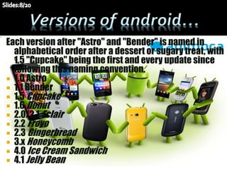 Each version after "Astro" and "Bender" is named in
alphabetical order after a dessert or sugary treat, with
1.5 "Cupcake" being the first and every update since
following this naming convention.
 1.0 Astro
 1.1 Bender
 1.5 Cupcake
 1.6 Donut
 2.0/2.1 Eclair
 2.2 Froyo
 2.3 Gingerbread
 3.x Honeycomb
 4.0 Ice Cream Sandwich
 4.1 Jelly Bean
 