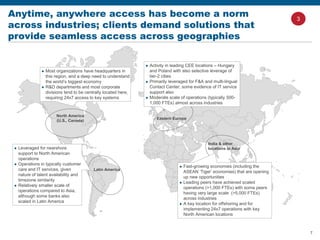 7
Anytime, anywhere access has become a norm
across industries; clients demand solutions that
provide seamless access across geographies
India & other
locations in Asia
Eastern Europe
Latin America
 Fast-growing economies (including the
ASEAN ‘Tiger’ economies) that are opening
up new opportunities
 Leading peers have achieved scaled
operations (>1,000 FTEs) with some peers
having very large scale (>5,000 FTEs)
across industries
 A key location for offshoring and for
implementing 24x7 operations with key
North American locations
 Activity in leading CEE locations – Hungary
and Poland with also selective leverage of
tier-2 cities
 Primarily leveraged for F&A and multi-lingual
Contact Center; some evidence of IT service
support also
 Moderate scale of operations (typically 500-
1,000 FTEs) almost across industries
 Leveraged for nearshore
support to North American
operations
 Operations in typically customer
care and IT services, given
nature of talent availability and
timezone similarity
 Relatively smaller scale of
operations compared to Asia,
although some banks also
scaled in Latin America
 Most organizations have headquarters in
this region, and a deep need to understand
the world’s biggest economy
 R&D departments and most corporate
divisions tend to be centrally located here,
requiring 24x7 access to key systems
North America
(U.S., Canada)
3
 