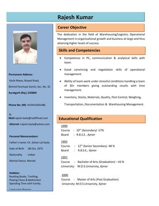 DDdgghgjhddDDCURRICULUM VITAE
The dedication in the field of Warehousing/Logistics Operational
Management in organizational growth and business at large and thus
attaining higher levels of success.
• Competence in PC, communication & analytical skills with
team.
• Good convincing and negotiation skills of operational
management.
• Ability of team-work under stressful conditions handling a team
of 30+ members giving outstanding results with time
management.
• Inventory, Stocks, Materials, Quality, Pest Control, Weighing,
Transportation, Documentation & Warehousing Management.
1990
Course : 10th
(Secondary) -57%
Board : R.B.S.E., Ajmer
1993
Course : 12th
(Senior Secondary) -48 %
Board : R.B.S.E., Ajmer
1997
Course : Bachelor of Arts (Graduation) – 43 %
University: M.D.S.University, Ajmer
2000
Course : Master of Arts (Post Graduation)
C: University: M.D.S.University, Ajmer
Career Objective
Permanent Address:
Kazla Niwas, Bropal Road,
Behind Panchyat Samiti, Sec. No. 32
Suratgarh (Raj.) 335804
Phone No: (M) +919414581486
E-
Mail:rajesh.kazla@rediffmail.com
Alternet :rajesh.kazla@yahoo.com
Personal Memorandum:
Father’s name: Ch. Sohan Lal Kazla
Date of Birth : 08 Oct, 1975
Nationality : Indian
Marital Status: Maried
Hobbies:
Reading Books, Travlling,
Playing Chess & Badminton
Spending Time with Family.
Languages Known:
Skills and Competencies
Educational Qualification
Rajesh Kumar
 