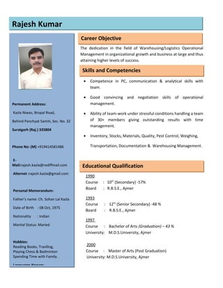 DDdgghgjhddDDCURRICULUM VITAE
The dedication in the field of Warehousing/Logistics Operational
Management in organizational growth and business at large and thus
attaining higher levels of success.
• Competence in PC, communication & analytical skills with
team.
• Good convincing and negotiation skills of operational
management.
• Ability of team-work under stressful conditions handling a team
of 30+ members giving outstanding results with time
management.
• Inventory, Stocks, Materials, Quality, Pest Control, Weighing,
Transportation, Documentation & Warehousing Management.
1990
Course : 10th
(Secondary) -57%
Board : R.B.S.E., Ajmer
1993
Course : 12th
(Senior Secondary) -48 %
Board : R.B.S.E., Ajmer
1997
Course : Bachelor of Arts (Graduation) – 43 %
University: M.D.S.University, Ajmer
2000
Course : Master of Arts (Post Graduation)
C: University: M.D.S.University, Ajmer
Career Objective
Permanent Address:
Kazla Niwas, Bropal Road,
Behind Panchyat Samiti, Sec. No. 32
Suratgarh (Raj.) 335804
Phone No: (M) +919414581486
E-
Mail:rajesh.kazla@rediffmail.com
Alternet :rajesh.kazla@gmail.com
Personal Memorandum:
Father’s name: Ch. Sohan Lal Kazla
Date of Birth : 08 Oct, 1975
Nationality : Indian
Marital Status: Maried
Hobbies:
Reading Books, Travlling,
Playing Chess & Badminton
Spending Time with Family.
Languages Known:
Skills and Competencies
Educational Qualification
Rajesh Kumar
 