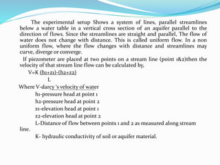 The experimental setup Shows a system of lines, parallel streamlines
below a water table in a vertical cross section of an aquifer parallel to the
direction of flows. Since the streamlines are straight and parallel, The flow of
water does not change with distance. This is called uniform flow. In a non
uniform flow, where the flow changes with distance and streamlines may
curve, diverge or converge.
If piezometer are placed at two points on a stream line (point 1&2)then the
velocity of that stream line flow can be calculated by,
V=K (h1+z1)-(h2+z2)
L
Where V-darcy ‘s velocity of water
h1-pressure head at point 1
h2-pressure head at point 2
z1-elevation head at point 1
z2-elevation head at point 2
L-Distance of flow between points 1 and 2 as measured along stream
line.
K- hydraulic conductivity of soil or aquifer material.
 