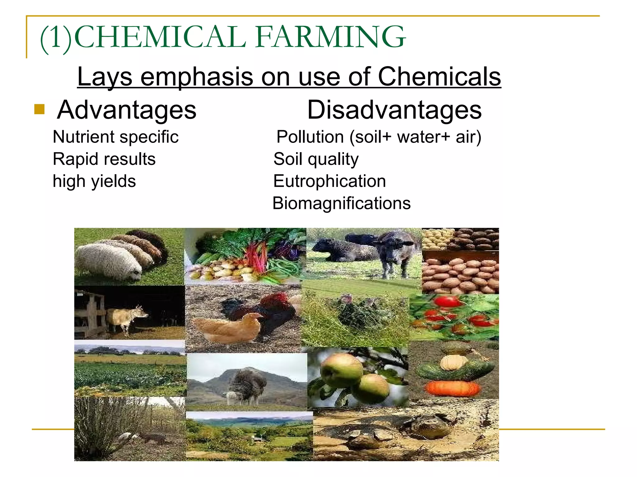 (1)CHEMICAL FARMING Lays emphasis on use of Chemicals Advantages  Disadvantages Nutrient specific   Pollution (soil+ water+ air) Rapid results   Soil quality high yields  Eutrophication  Biomagnifications 