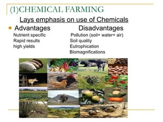 (1)CHEMICAL FARMING Lays emphasis on use of Chemicals Advantages  Disadvantages Nutrient specific   Pollution (soil+ water+ air) Rapid results   Soil quality high yields  Eutrophication  Biomagnifications 