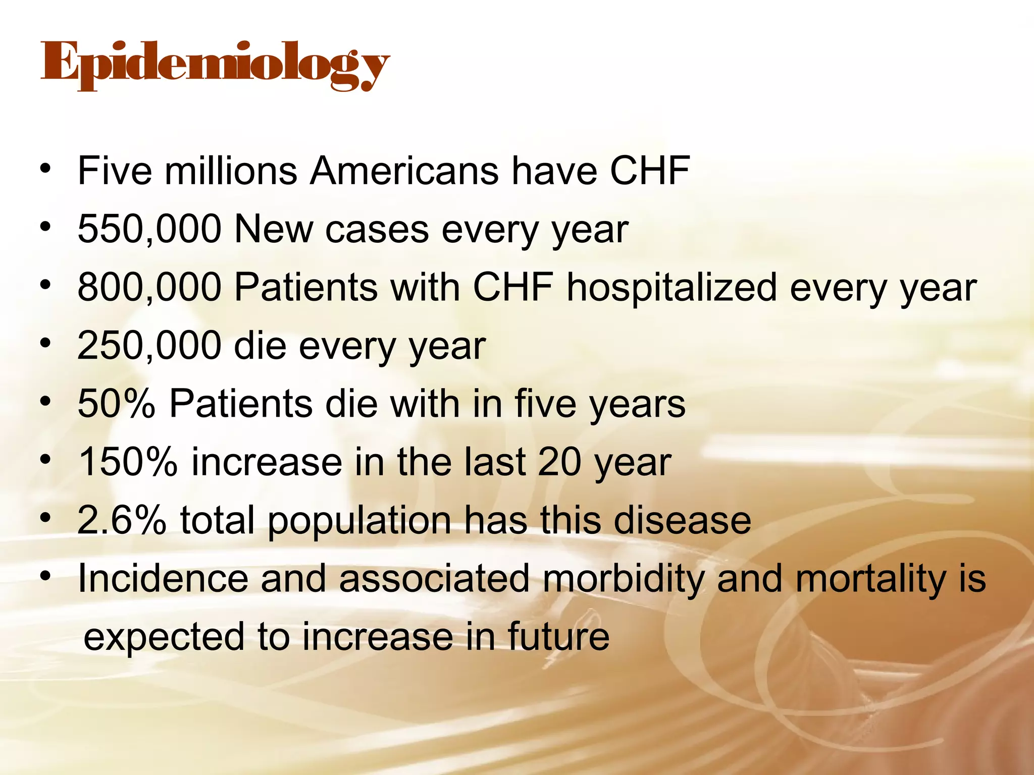 Epidemiology
•
•
•
•
•
•
•
•

Five millions Americans have CHF
550,000 New cases every year
800,000 Patients with CHF hospitalized every year
250,000 die every year
50% Patients die with in five years
150% increase in the last 20 year
2.6% total population has this disease
Incidence and associated morbidity and mortality is
expected to increase in future

 