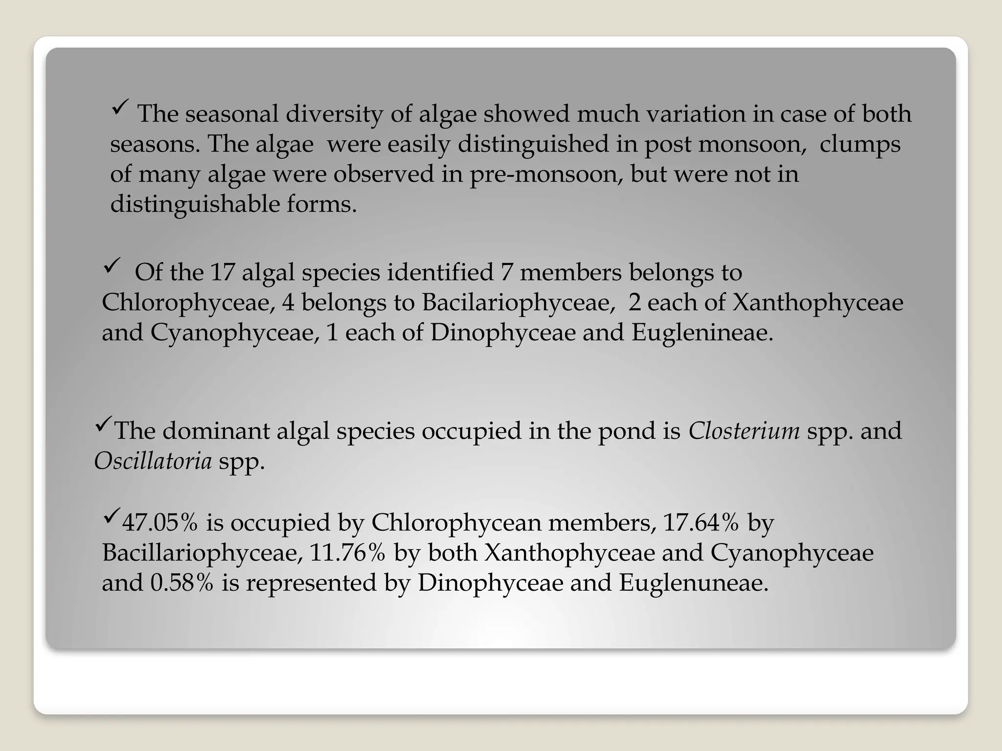  The seasonal diversity of algae showed much variation in case of both
seasons. The algae were easily distinguished in post monsoon, clumps
of many algae were observed in pre-monsoon, but were not in
distinguishable forms.
 Of the 17 algal species identified 7 members belongs to
Chlorophyceae, 4 belongs to Bacilariophyceae, 2 each of Xanthophyceae
and Cyanophyceae, 1 each of Dinophyceae and Euglenineae.
The dominant algal species occupied in the pond is Closterium spp. and
Oscillatoria spp.
47.05% is occupied by Chlorophycean members, 17.64% by
Bacillariophyceae, 11.76% by both Xanthophyceae and Cyanophyceae
and 0.58% is represented by Dinophyceae and Euglenuneae.
 