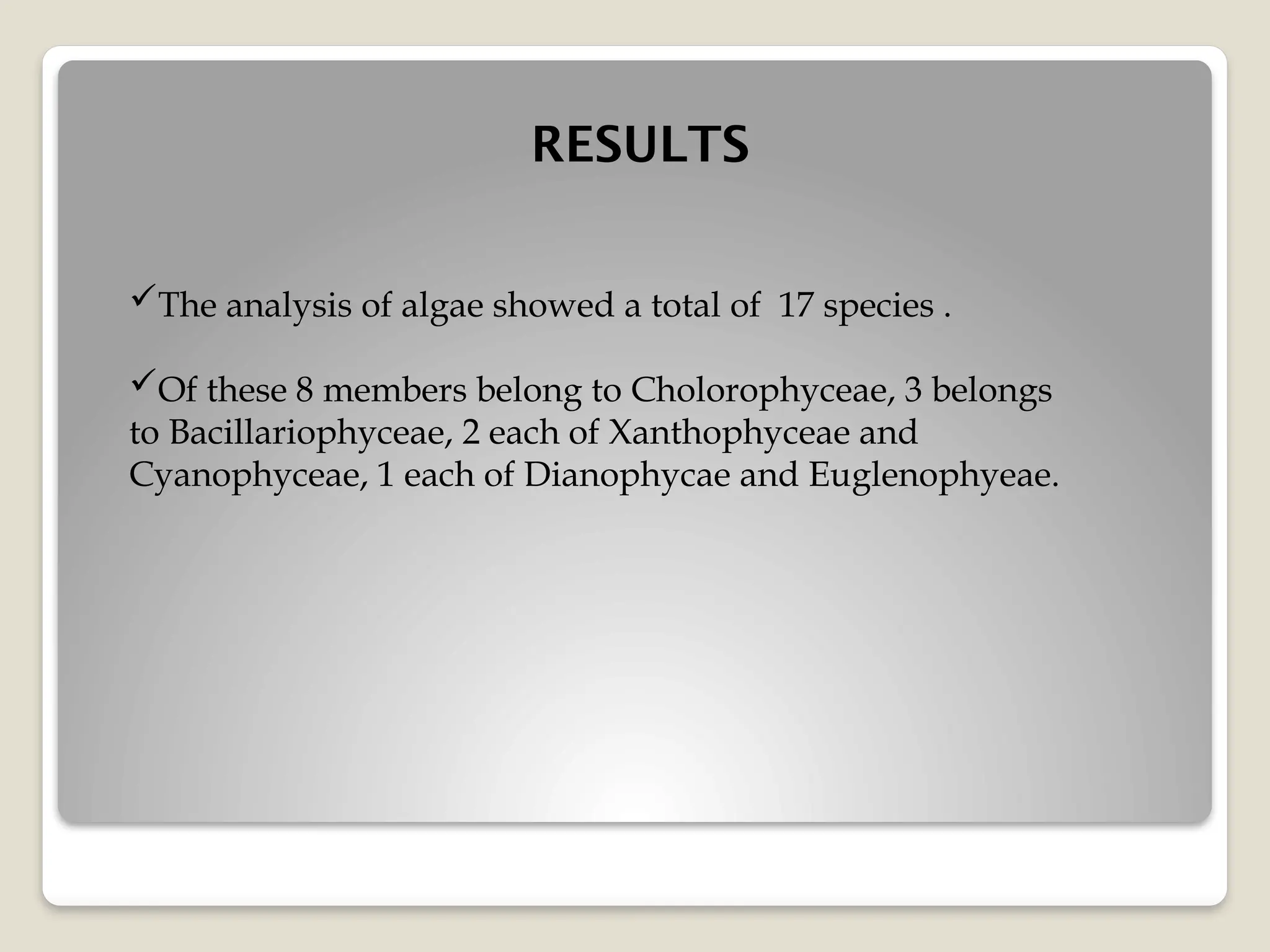 RESULTS
The analysis of algae showed a total of 17 species .
Of these 8 members belong to Cholorophyceae, 3 belongs
to Bacillariophyceae, 2 each of Xanthophyceae and
Cyanophyceae, 1 each of Dianophycae and Euglenophyeae.
 