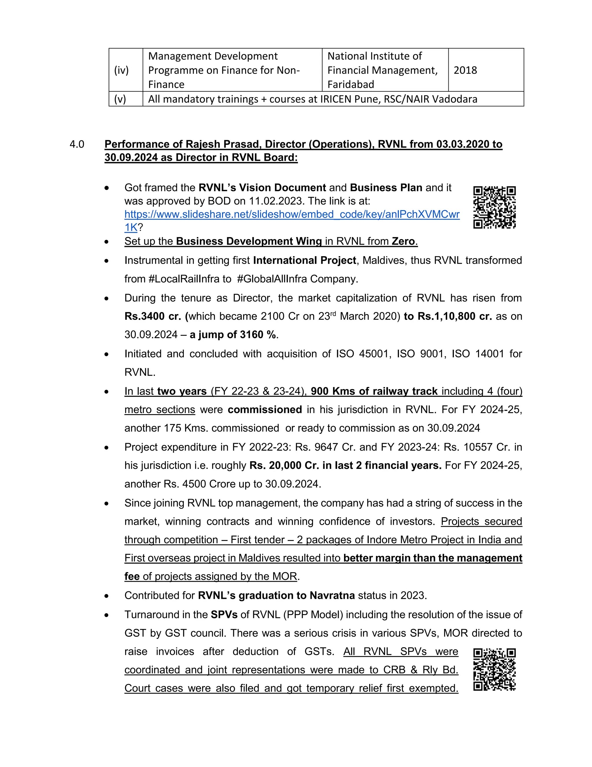 (iv)
Management Development
Programme on Finance for Non-
Finance
National Institute of
Financial Management,
Faridabad
2018
(v) All mandatory trainings + courses at IRICEN Pune, RSC/NAIR Vadodara
4.0 Performance of Rajesh Prasad, Director (Operations), RVNL from 03.03.2020 to
30.09.2024 as Director in RVNL Board:
 Got framed the RVNL’s Vision Document and Business Plan and it
was approved by BOD on 11.02.2023. The link is at:
https://www.slideshare.net/slideshow/embed_code/key/anlPchXVMCwr
1K?
 Set up the Business Development Wing in RVNL from Zero.
 Instrumental in getting first International Project, Maldives, thus RVNL transformed
from #LocalRailInfra to #GlobalAllInfra Company.
 During the tenure as Director, the market capitalization of RVNL has risen from
Rs.3400 cr. (which became 2100 Cr on 23rd
March 2020) to Rs.1,10,800 cr. as on
30.09.2024 – a jump of 3160 %.
 Initiated and concluded with acquisition of ISO 45001, ISO 9001, ISO 14001 for
RVNL.
 In last two years (FY 22-23 & 23-24), 900 Kms of railway track including 4 (four)
metro sections were commissioned in his jurisdiction in RVNL. For FY 2024-25,
another 175 Kms. commissioned or ready to commission as on 30.09.2024
 Project expenditure in FY 2022-23: Rs. 9647 Cr. and FY 2023-24: Rs. 10557 Cr. in
his jurisdiction i.e. roughly Rs. 20,000 Cr. in last 2 financial years. For FY 2024-25,
another Rs. 4500 Crore up to 30.09.2024.
 Since joining RVNL top management, the company has had a string of success in the
market, winning contracts and winning confidence of investors. Projects secured
through competition – First tender – 2 packages of Indore Metro Project in India and
First overseas project in Maldives resulted into better margin than the management
fee of projects assigned by the MOR.
 Contributed for RVNL’s graduation to Navratna status in 2023.
 Turnaround in the SPVs of RVNL (PPP Model) including the resolution of the issue of
GST by GST council. There was a serious crisis in various SPVs, MOR directed to
raise invoices after deduction of GSTs. All RVNL SPVs were
coordinated and joint representations were made to CRB & Rly Bd.
Court cases were also filed and got temporary relief first exempted.
 