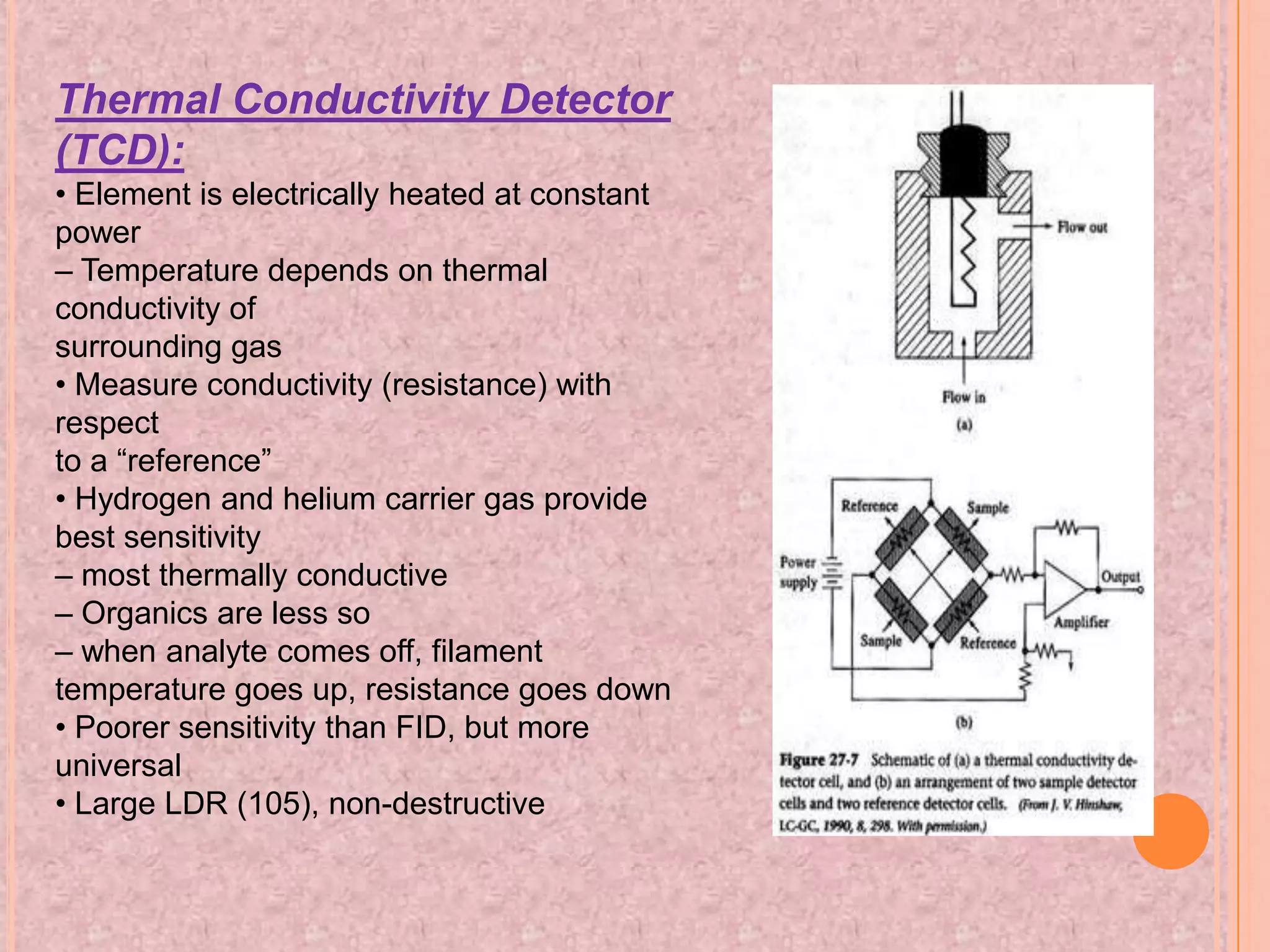 Thermal Conductivity Detector
(TCD):
• Element is electrically heated at constant
power
– Temperature depends on thermal
conductivity of
surrounding gas
• Measure conductivity (resistance) with
respect
to a “reference”
• Hydrogen and helium carrier gas provide
best sensitivity
– most thermally conductive
– Organics are less so
– when analyte comes off, filament
temperature goes up, resistance goes down
• Poorer sensitivity than FID, but more
universal
• Large LDR (105), non-destructive
 