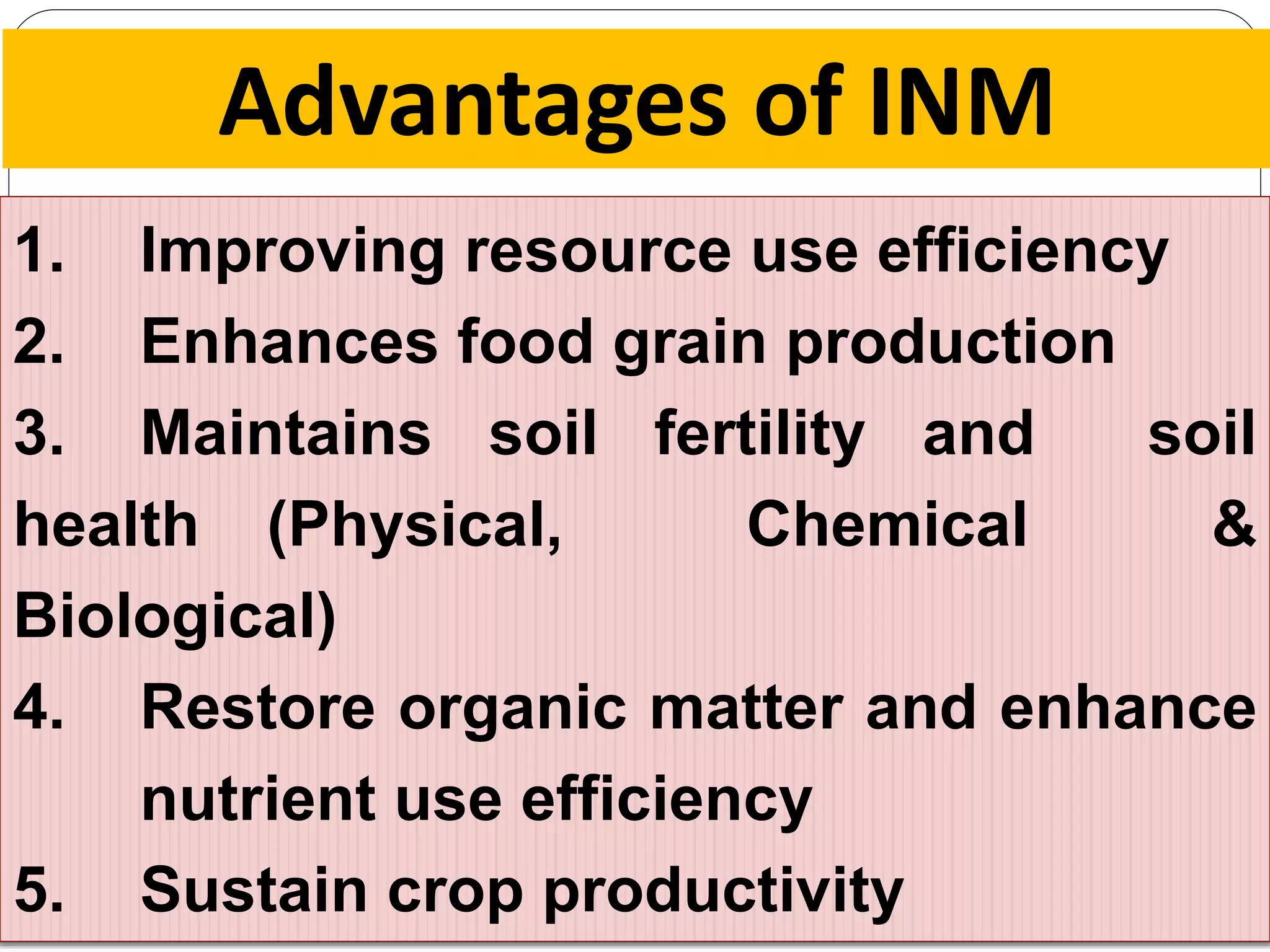 Advantages of INM
1. Improving resource use efficiency
2. Enhances food grain production
3. Maintains soil fertility and soil
health (Physical, Chemical &
Biological)
4. Restore organic matter and enhance
nutrient use efficiency
5. Sustain crop productivity
 