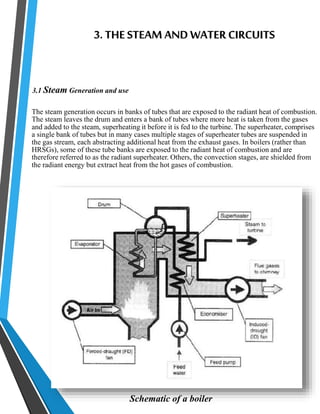 3. THE STEAM AND WATER CIRCUITS 
3.1 Steam Generation and use 
The steam generation occurs in banks of tubes that are exposed to the radiant heat of combustion. 
The steam leaves the drum and enters a bank of tubes where more heat is taken from the gases 
and added to the steam, superheating it before it is fed to the turbine. The superheater, comprises 
a single bank of tubes but in many cases multiple stages of superheater tubes are suspended in 
the gas stream, each abstracting additional heat from the exhaust gases. In boilers (rather than 
HRSGs), some of these tube banks are exposed to the radiant heat of combustion and are 
therefore referred to as the radiant superheater. Others, the convection stages, are shielded from 
the radiant energy but extract heat from the hot gases of combustion. 
Schematic of a boiler 
 