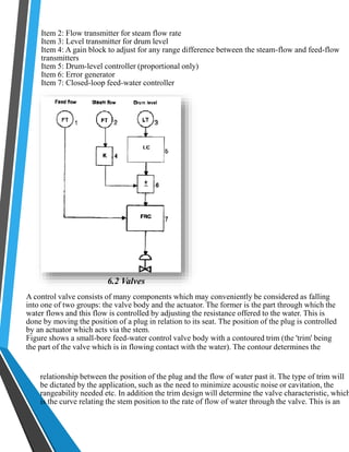 Item 2: Flow transmitter for steam flow rate 
Item 3: Level transmitter for drum level 
Item 4: A gain block to adjust for any range difference between the steam-flow and feed-flow 
transmitters 
Item 5: Drum-level controller (proportional only) 
Item 6: Error generator 
Item 7: Closed-loop feed-water controller 
6.2 Valves 
A control valve consists of many components which may conveniently be considered as falling 
into one of two groups: the valve body and the actuator. The former is the part through which the 
water flows and this flow is controlled by adjusting the resistance offered to the water. This is 
done by moving the position of a plug in relation to its seat. The position of the plug is controlled 
by an actuator which acts via the stem. 
Figure shows a small-bore feed-water control valve body with a contoured trim (the 'trim' being 
the part of the valve which is in flowing contact with the water). The contour determines the 
relationship between the position of the plug and the flow of water past it. The type of trim will 
be dictated by the application, such as the need to minimize acoustic noise or cavitation, the 
rangeability needed etc. In addition the trim design will determine the valve characteristic, which 
is the curve relating the stem position to the rate of flow of water through the valve. This is an 
 
