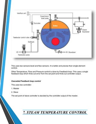 This uses two sensors level and flow sensors. It is better and precise than single element 
control. 
Other Temperature, Flow and Pressure control is done by Feedback loop- This uses a single 
feedback loop which finds out error from the set point and finds out controller output. 
Cascaded Feedback loop control 
This uses two controller: 
1. Master 
2. Slave 
The set point of slave controller is decided by the controller output of the master. 
7. STEAM TEMPERATURE CONTROL 
 
