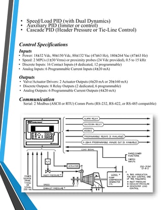 • Speed/Load PID (with Dual Dynamics) 
• Auxiliary PID (limiter or control) 
• Cascade PID (Header Pressure or Tie-Line Control) 
Control Specifications 
Inputs 
• Power: 18±32 Vdc, 90±150 Vdc, 88±132 Vac (47±63 Hz), 180±264 Vac (47±63 Hz) 
• Speed: 2 MPUs (1±30 Vrms) or proximity probes (24 Vdc provided), 0.5 to 15 kHz 
• Discrete Inputs: 16 Contact Inputs (4 dedicated, 12 programmable) 
• Analog Inputs: 6 Programmable Current Inputs (4±20 mA) 
Outputs 
• Valve/Actuator Drivers: 2 Actuator Outputs (4±20 mA or 20±160 mA) 
• Discrete Outputs: 8 Relay Outputs (2 dedicated, 6 programmable) 
• Analog Outputs: 6 Programmable Current Outputs (4±20 mA) 
Communication 
Serial: 2 Modbus (ASCII or RTU) Comm Ports (RS-232, RS-422, or RS-485 compatible) 
 