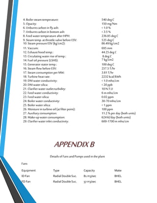 4. Boiler steam temperature: 540 deg C 
5. Opacity: 150 mg/Nm 
6. Unburnt carbon in fly ash: < 1.0 % 
7. Unburnt carbon in bottom ash: < 3.5 % 
8. Feed water temperature after HPH: 236.85 deg C 
9. Steam temp. at throttle valve before ESV: 535 deg C 
10. Steam pressure ESV (kg/cm2): 86.49 kg/cm2 
11. Vaccum: 695 mm 
12. Exhaust hood temp.: 44.25 deg C 
13. Circulating water rise of temp.: 8 deg C 
14. Fuel oil pressure (LSHS): 7 kg/cm2 
15. Generator stator temp.: 100 deg C 
16. Steam flow before ESV: 257.5 T/hr 
17. Steam consumption per MW: 3.81 T/hr 
18. Turbine heat rate: 2232 kcal/kWh 
19. DM water conductivity: < 1.0 mho/cm 
20. DM water silica: < 20 ppb 
21. Clarifier water outlet turbidity: 10 N.T.U 
22. Feed water conductivity: 6 m mho/cm 
23. Feed water silica: 0.02 ppm 
24. Boiler water conductivity: 30-70 mho/cm 
25. Boiler water silica: < 1 ppm 
26. Moisture in turbine oil (at filter point): 100 ppm 
27. Auxiliary consumption: 11.2 % per day (both units) 
28. Make-up water consumption: 624 kl/day (both units) 
29. Clarifier water inlet conductivity: 600-1700 m mho/cm 
APPENDIX B 
Details of Fans and Pumps used in the plant 
Fans 
Equipment Type Capacity Make 
ID Fan Radial Double Suc. 81 m3/sec BHEL 
FD Fan Radial Double Suc. 57 m3/sec BHEL 
 