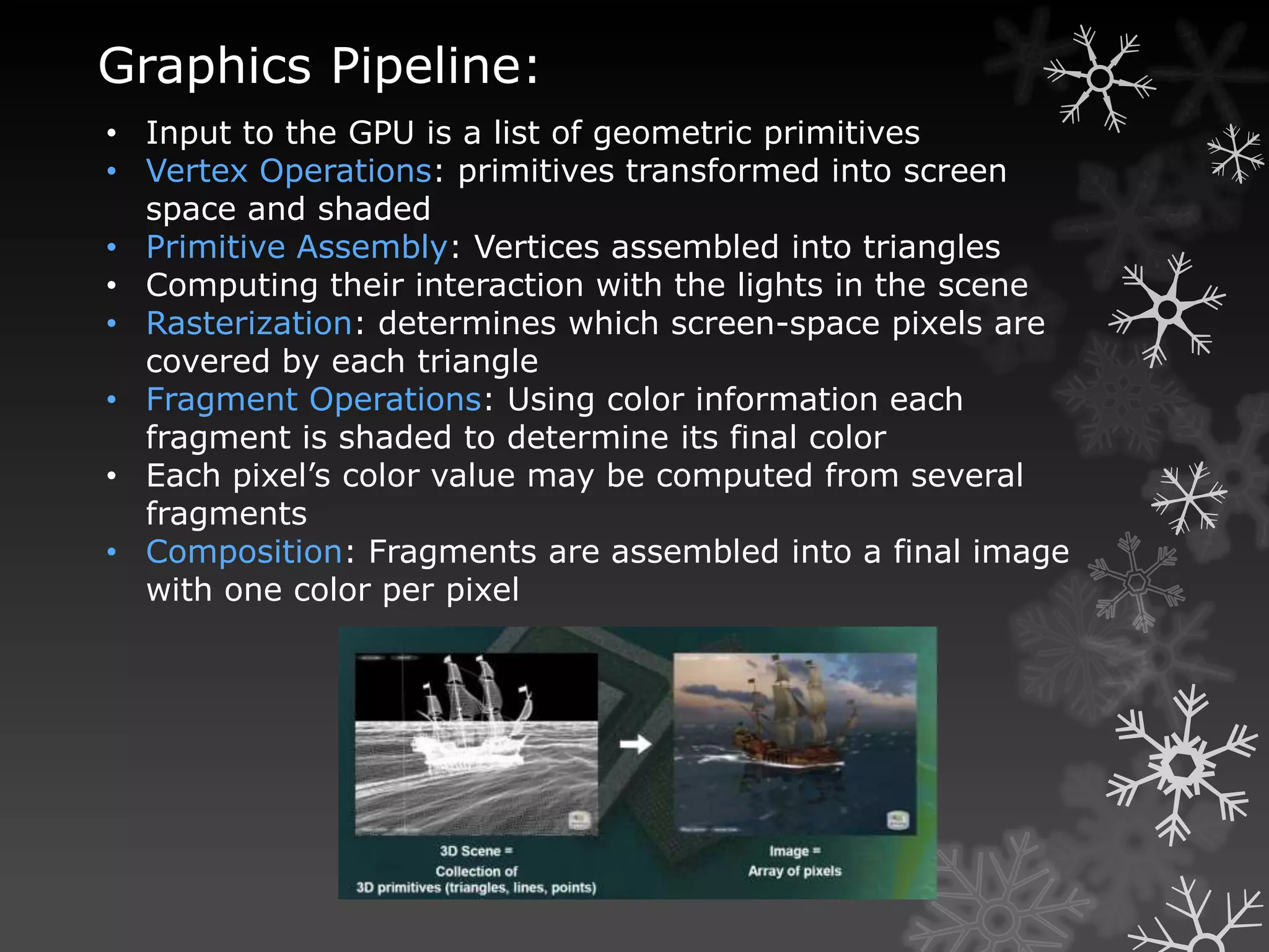 Graphics Pipeline:
• Input to the GPU is a list of geometric primitives
• Vertex Operations: primitives transformed into screen
  space and shaded
• Primitive Assembly: Vertices assembled into triangles
• Computing their interaction with the lights in the scene
• Rasterization: determines which screen-space pixels are
  covered by each triangle
• Fragment Operations: Using color information each
  fragment is shaded to determine its final color
• Each pixel’s color value may be computed from several
  fragments
• Composition: Fragments are assembled into a final image
  with one color per pixel
 