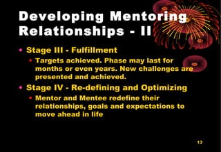 13
Developing Mentoring
Relationships - II
• Stage III - Fulfillment
• Targets achieved. Phase may last for
months or even years. New challenges are
presented and achieved.
• Stage IV - Re-defining and Optimizing
• Mentor and Mentee redefine their
relationships, goals and expectations to
move ahead in life
 