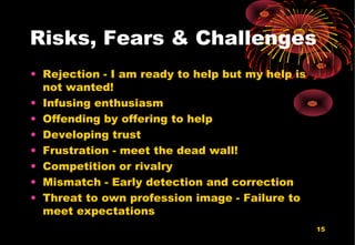 15
Risks, Fears & Challenges
• Rejection - I am ready to help but my help is
not wanted!
• Infusing enthusiasm
• Offending by offering to help
• Developing trust
• Frustration - meet the dead wall!
• Competition or rivalry
• Mismatch - Early detection and correction
• Threat to own profession image - Failure to
meet expectations
 