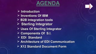  IntroductionIntroduction
 Inventions Of IBMInventions Of IBM
 B2B Integration toolsB2B Integration tools
 Sterling IntegratorSterling Integrator
 Uses Of Sterling IntegratorUses Of Sterling Integrator
 Components Of S.I.Components Of S.I.
 EDI StandardEDI Standard
 Architecture of EDI CommunicationArchitecture of EDI Communication
 X12 Standard Document FormX12 Standard Document Form
3
 