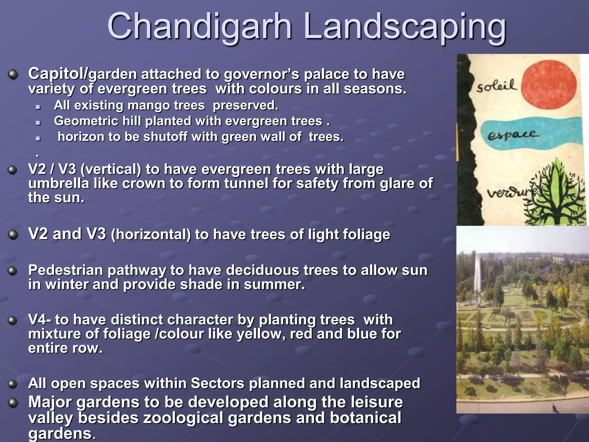 Chandigarh Landscaping
Capitol/garden attached to governor’s palace to have
variety of evergreen trees with colours in all seasons.
 All existing mango trees preserved.
 Geometric hill planted with evergreen trees .
 horizon to be shutoff with green wall of trees.
.
V2 / V3 (vertical) to have evergreen trees with large
umbrella like crown to form tunnel for safety from glare of
the sun.
V2 and V3 (horizontal) to have trees of light foliage
Pedestrian pathway to have deciduous trees to allow sun
in winter and provide shade in summer.
V4- to have distinct character by planting trees with
mixture of foliage /colour like yellow, red and blue for
entire row.
All open spaces within Sectors planned and landscaped
Major gardens to be developed along the leisure
valley besides zoological gardens and botanical
gardens.
 